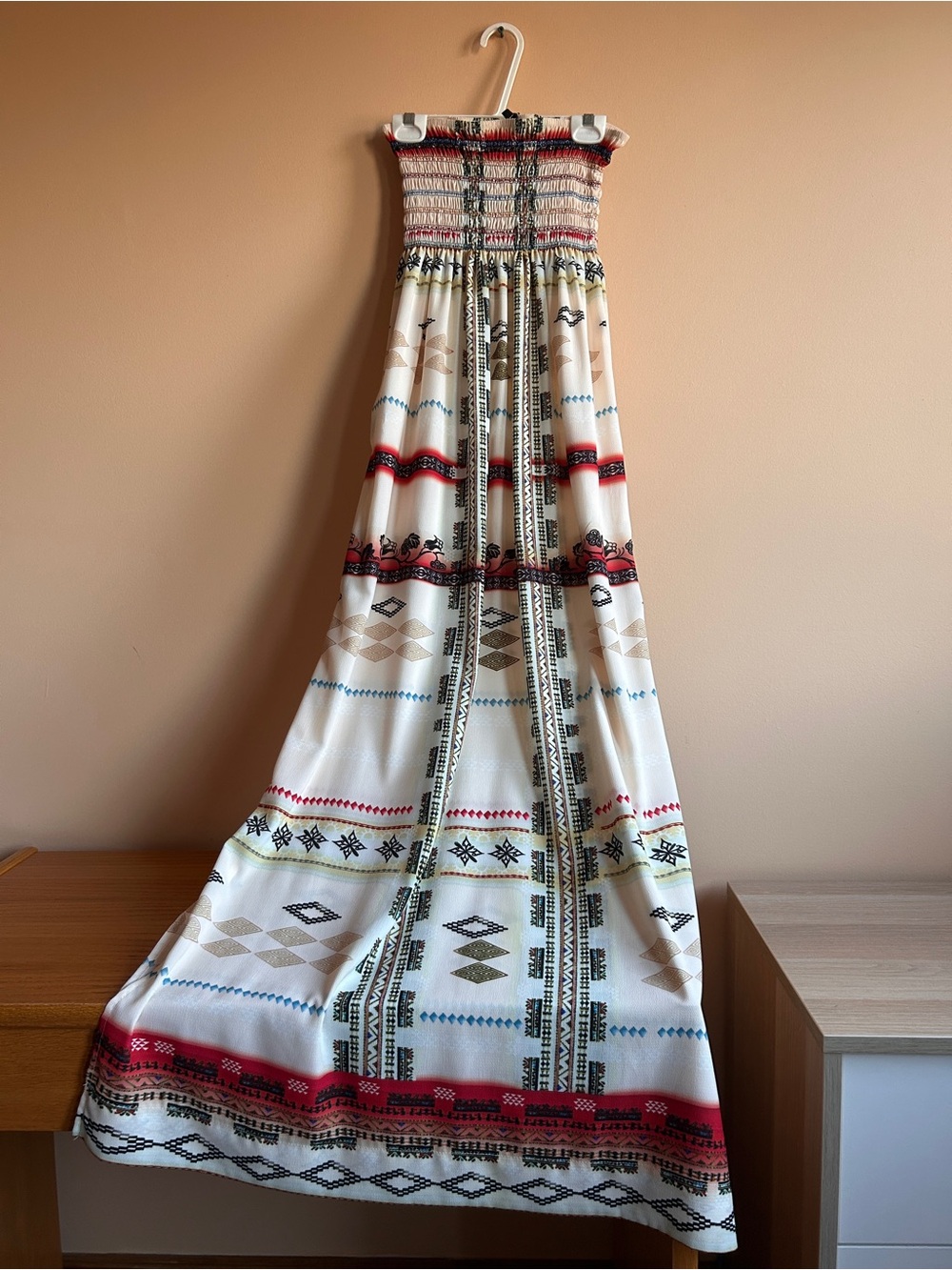 Designer Boho Strapless Maxi Dress in Cream with Red & Black Tribal Print
